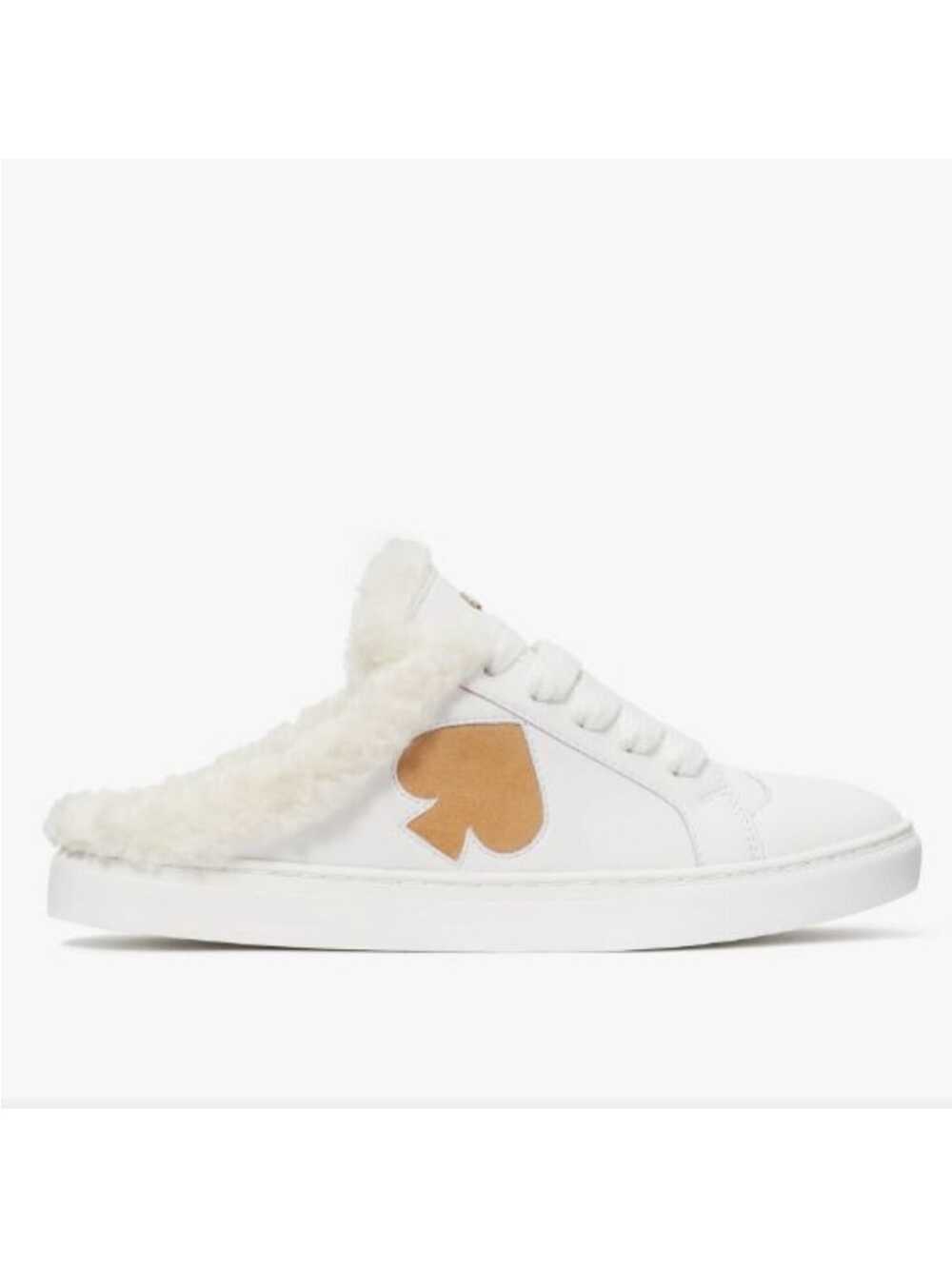 kate spade White Leather Fur-Trim Slip-On Sneaker with Tan Heart